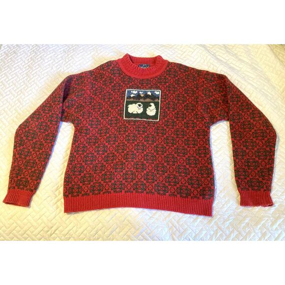 Vintage THE WOOLRICH WOMAN Sweater Sz M/L- 100% Wool - Red & Green w/ Sheep - Picture 1 of 12